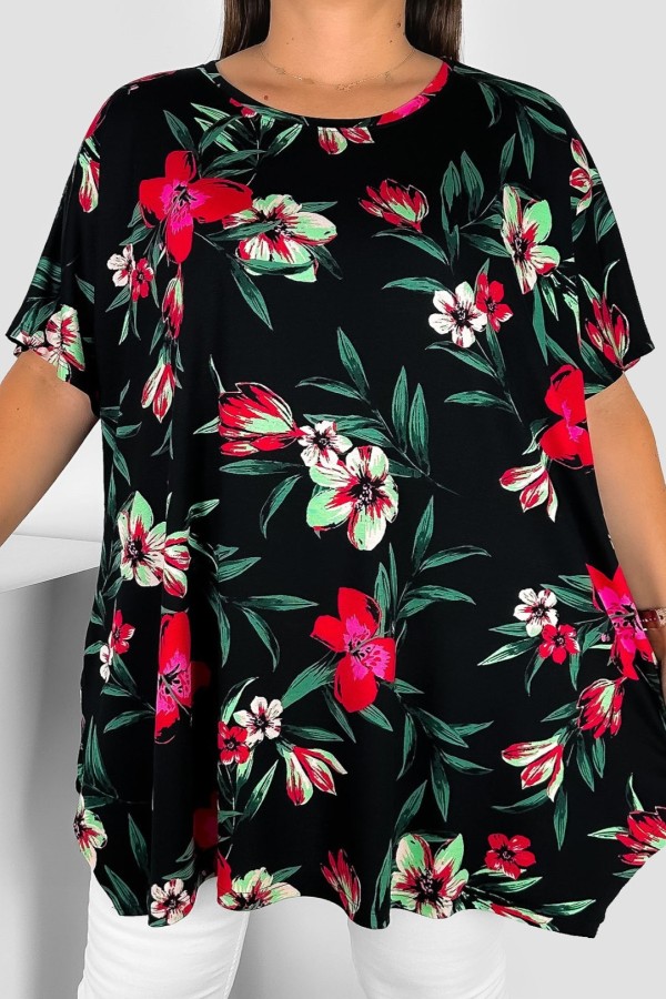 Bluzka tunika plus size krótki rękaw oversize rozcięcia wzór kwiaty tropikalne