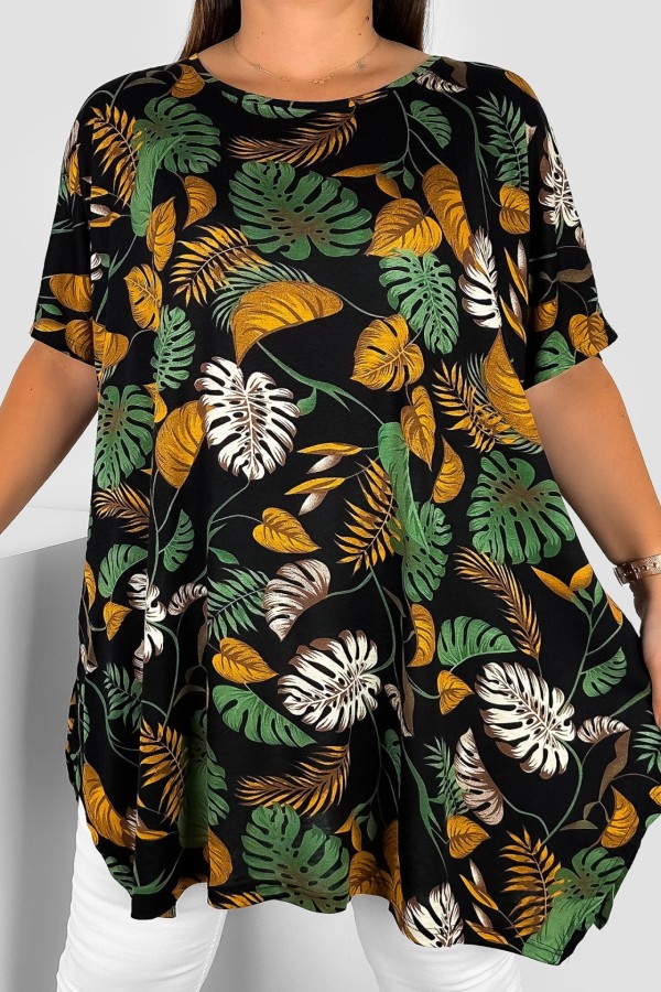 Bluzka tunika plus size krótki rękaw oversize rozcięcia wzór żółto zielone liście monstery