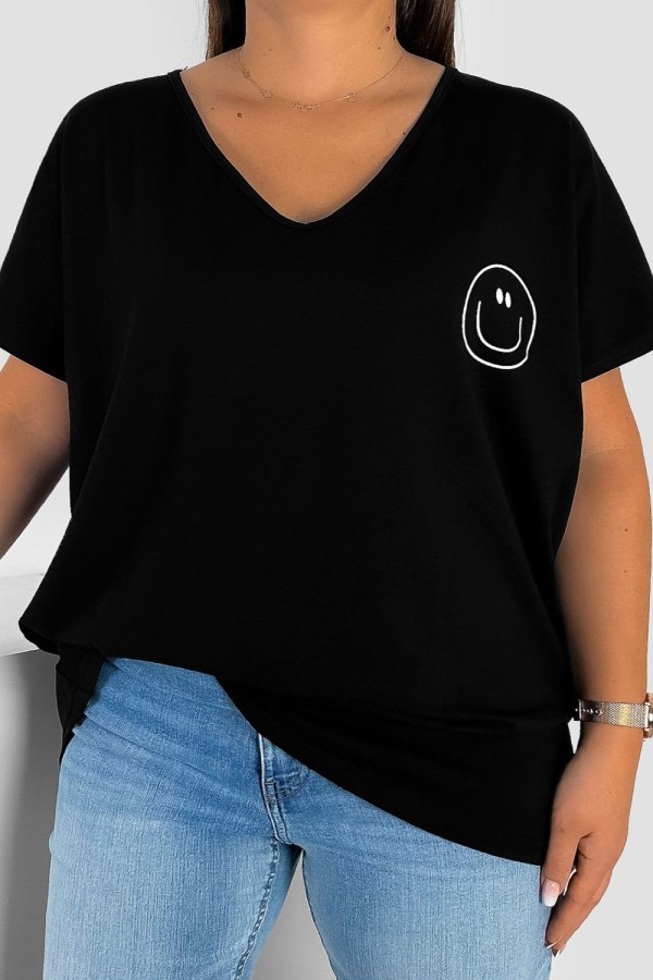 Bluzka damska T-shirt plus size w kolorze czarnym nadruk buźka uśmiech
