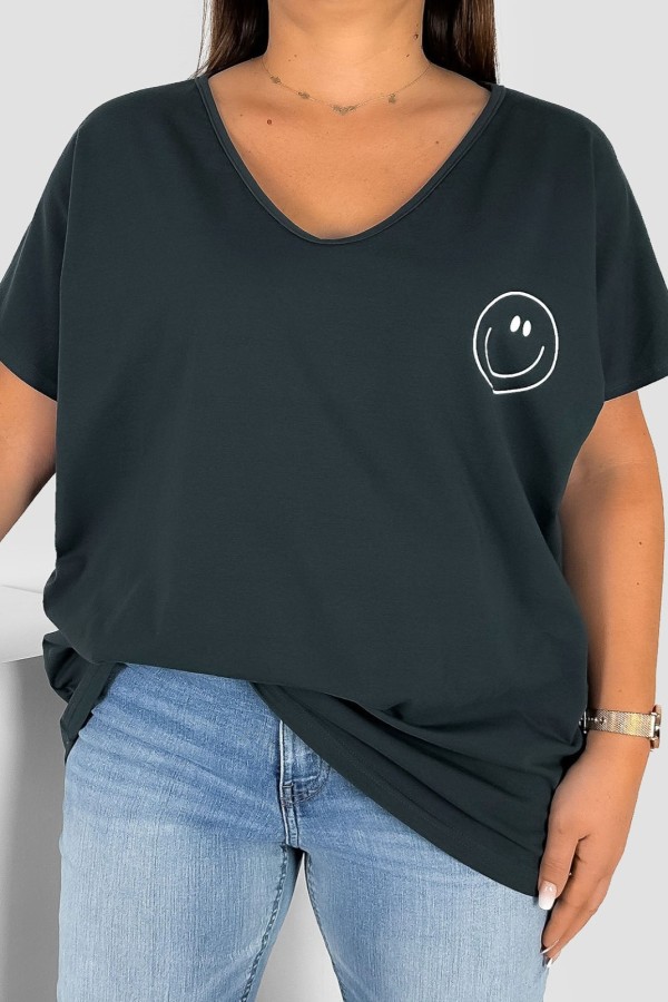 Bluzka damska T-shirt plus size w kolorze antracytowym nadruk buźka uśmiech
