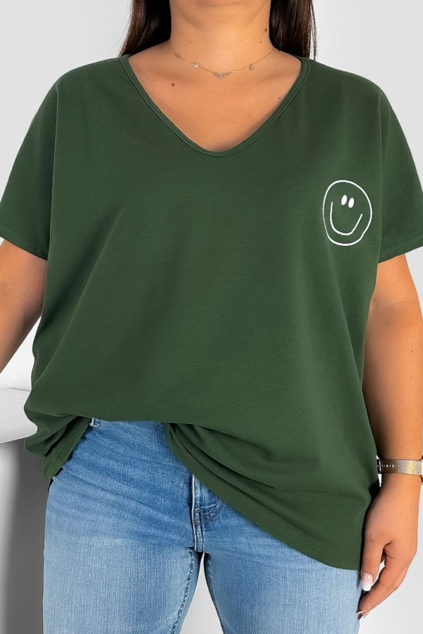 Bluzka damska T-shirt plus size w kolorze khaki nadruk buźka uśmiech