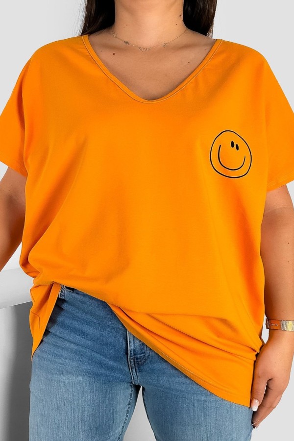 Bluzka damska T-shirt plus size w kolorze pomarańczowym nadruk buźka uśmiech