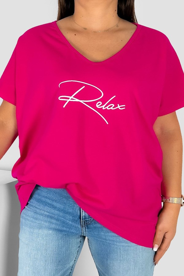 Bluzka damska T-shirt plus size w kolorze fuksji nadruk napis Relax