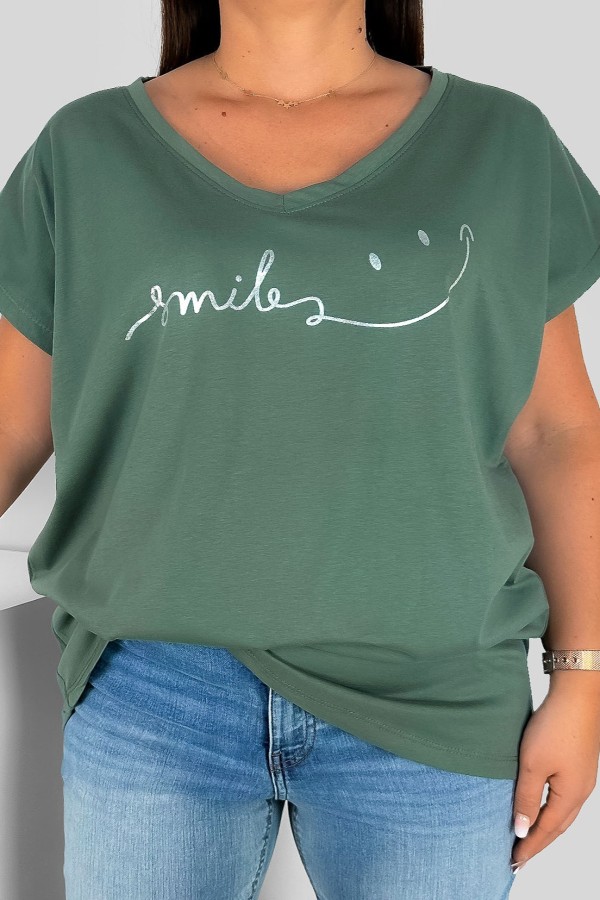 T-shirt damski plus size nietoperz dekolt w serek V-neck chłodna zieleń smile Niky