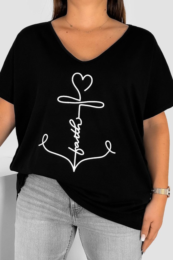 Bluzka damska T-shirt plus size w kolorze czarnym nadruk kotwica faith