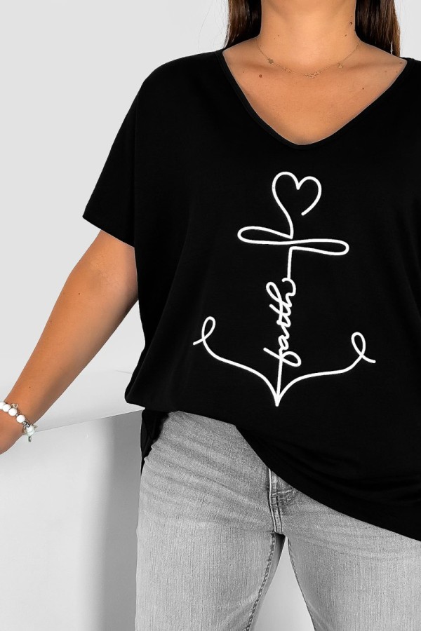 Bluzka damska T-shirt plus size w kolorze czarnym nadruk kotwica faith 1