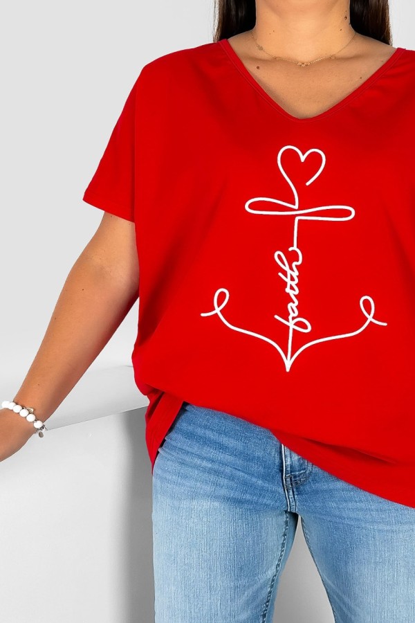 Bluzka damska T-shirt plus size w kolorze czerwonym nadruk kotwica faith 1