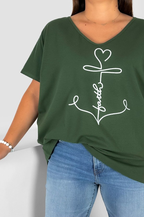 Bluzka damska T-shirt plus size w kolorze khaki nadruk kotwica faith 1