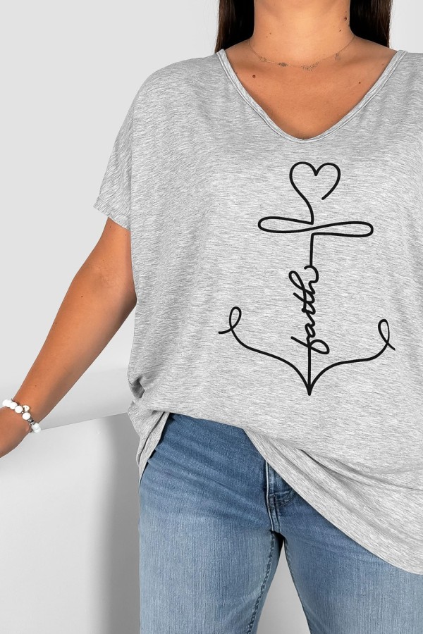 Bluzka damska T-shirt plus size w kolorze szary melanż nadruk kotwica faith 1