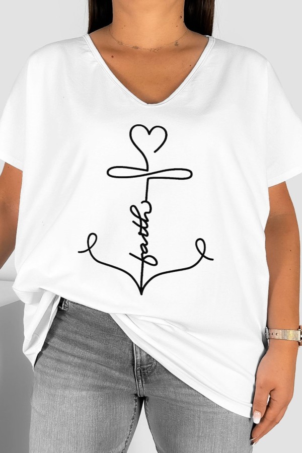Bluzka damska T-shirt plus size w kolorze białym nadruk kotwica faith