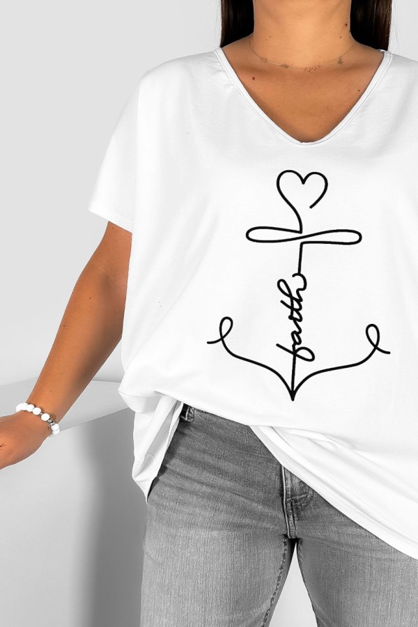 Bluzka damska T-shirt plus size w kolorze białym nadruk kotwica faith 1