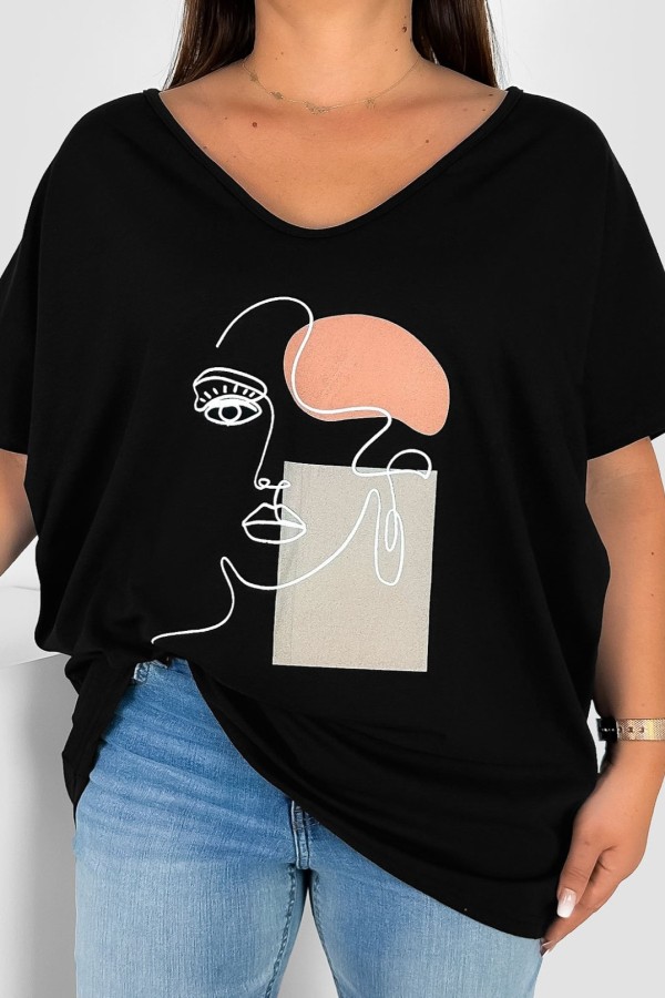 T-shirt damski plus size w kolorze czarnym nadruk twarz line art face EMA 2