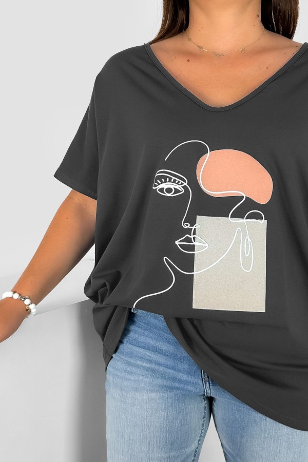 T-shirt damski plus size w kolorze grafitowym nadruk twarz line art face EMA 1