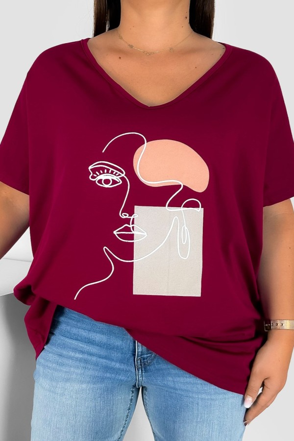 T-shirt damski plus size w kolorze burgundowym nadruk twarz line art face EMA