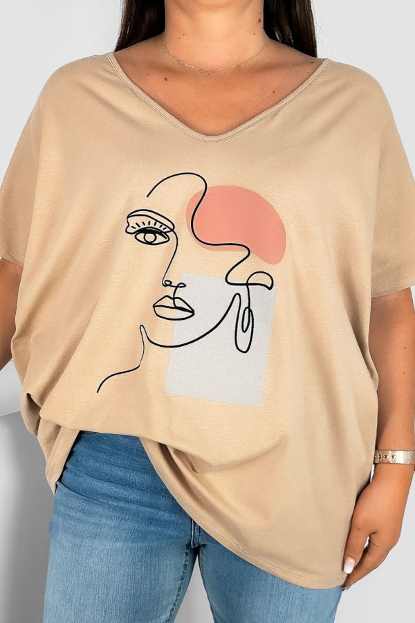 T-shirt damski plus size w kolorze beżowym nadruk twarz line art face EMA