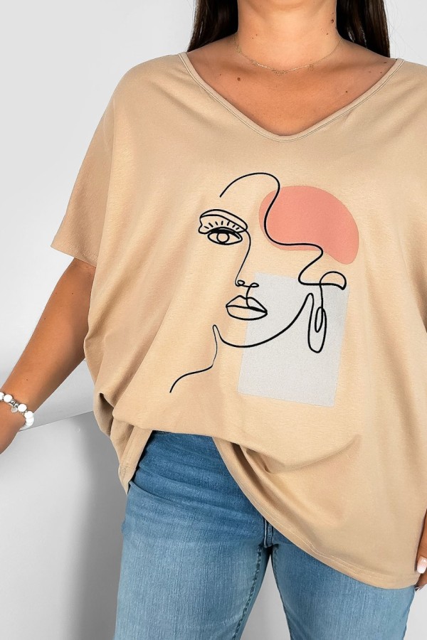 T-shirt damski plus size w kolorze beżowym nadruk twarz line art face EMA 1