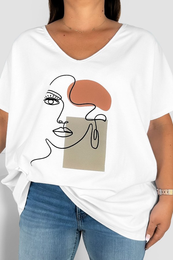 T-shirt damski plus size w kolorze białym nadruk twarz line art face EMA