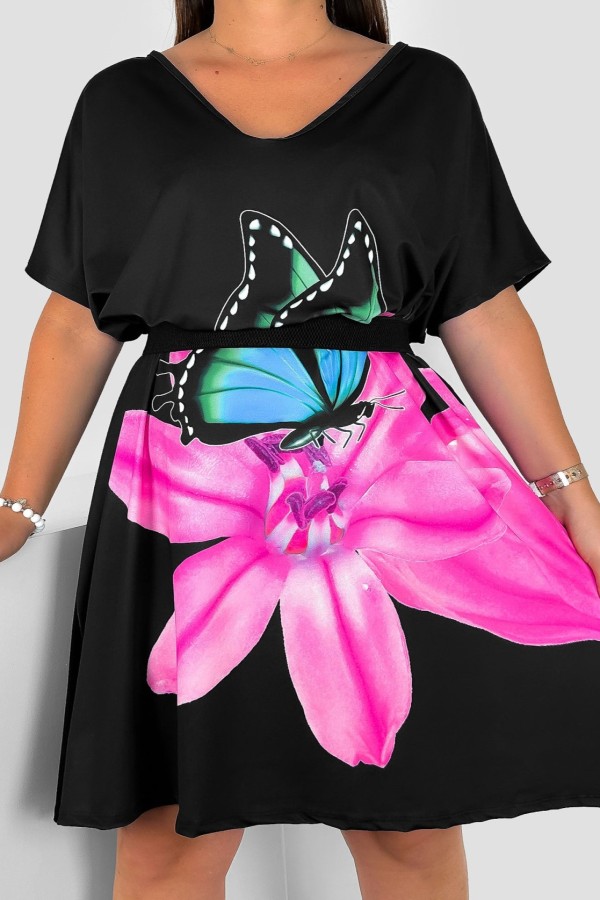 Sukienka damska plus size nietoperz multikolor wzór różowa lilia motyl Helia