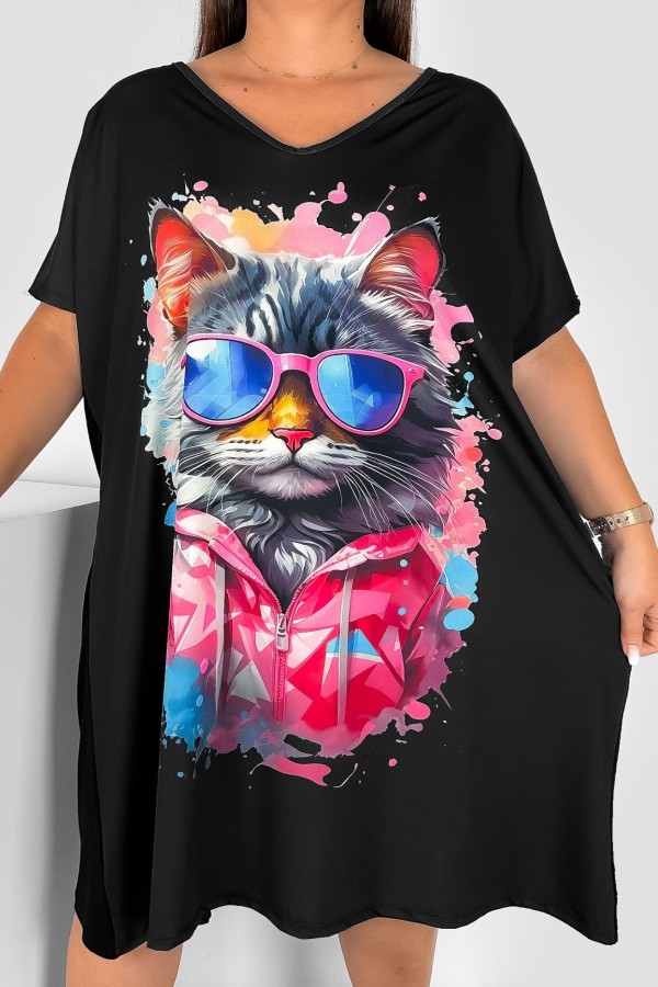 Sukienka damska plus size nietoperz multikolor wzór kot w bluzie okulary Helia