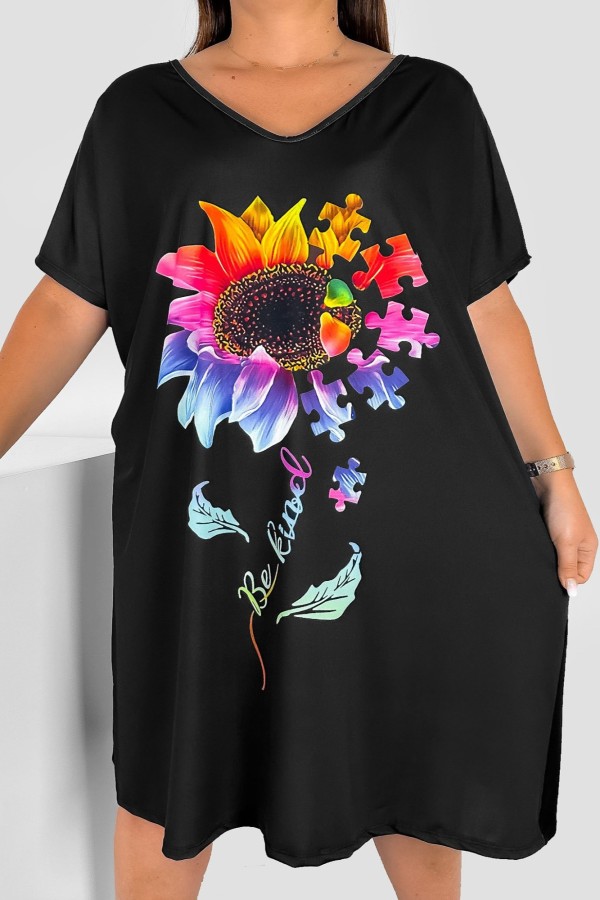 Sukienka damska plus size nietoperz multikolor wzór kolorowy słonecznik puzzle Helia