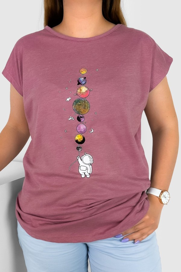 T-shirt damski w kolorze brudny róż melanż nadruk planety astronauta kosmos