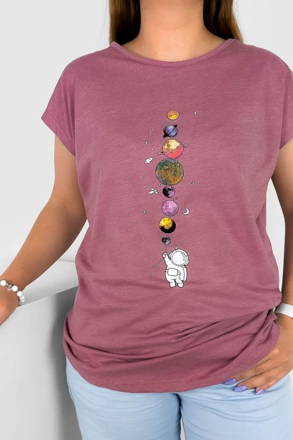 T-shirt damski w kolorze brudny róż melanż nadruk planety astronauta kosmos 1
