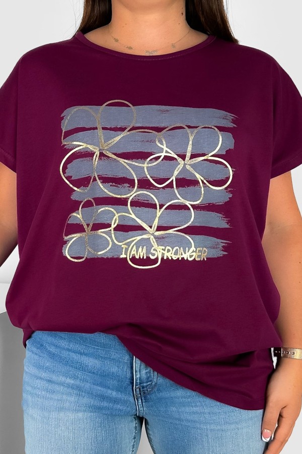 T-shirt damski plus size nietoperz w kolorze śliwkowym kwiaty pasy Meggi