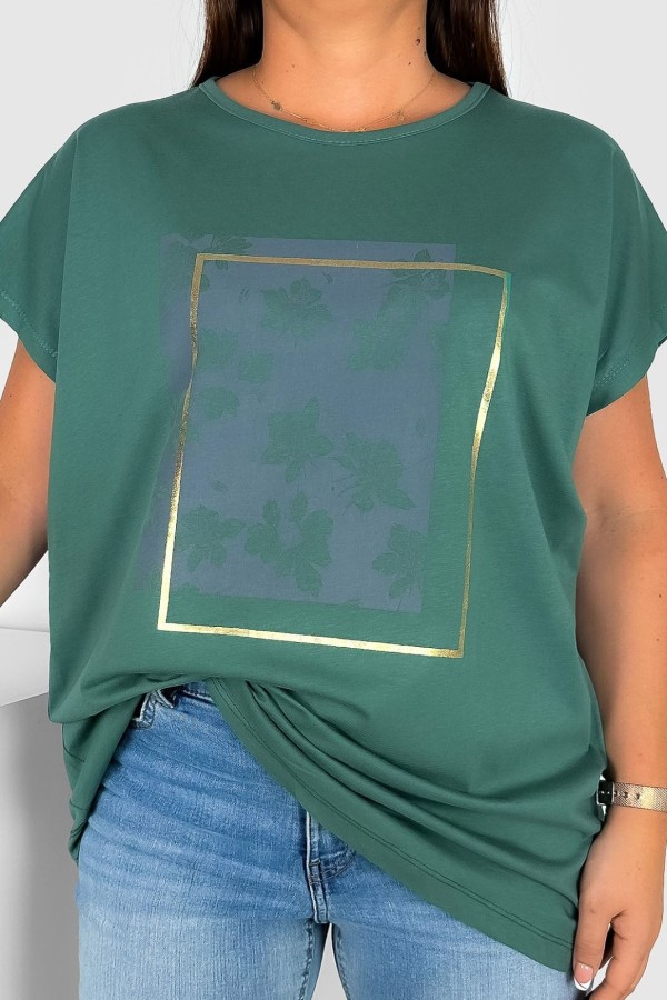 Nietoperz T-shirt damski plus size w kolorze zielonym kwiaty ramka Meggi