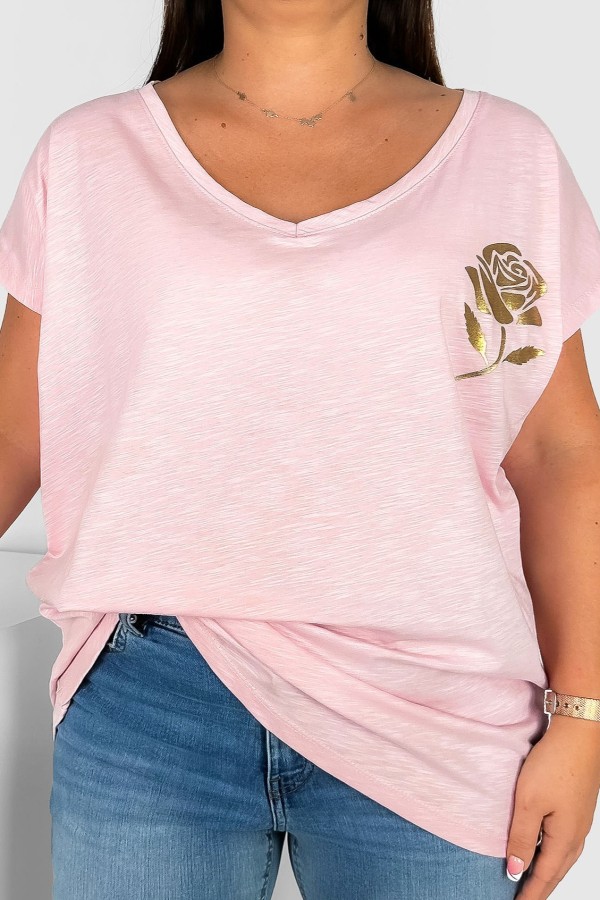 T-shirt damski plus size nietoperz dekolt w serek V-neck pudrowy melanż złota róża Rosi