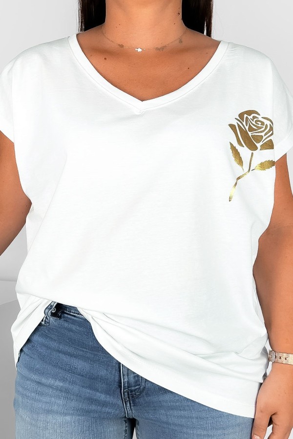 T-shirt damski plus size nietoperz dekolt w serek V-neck ecru złota róża Rosi