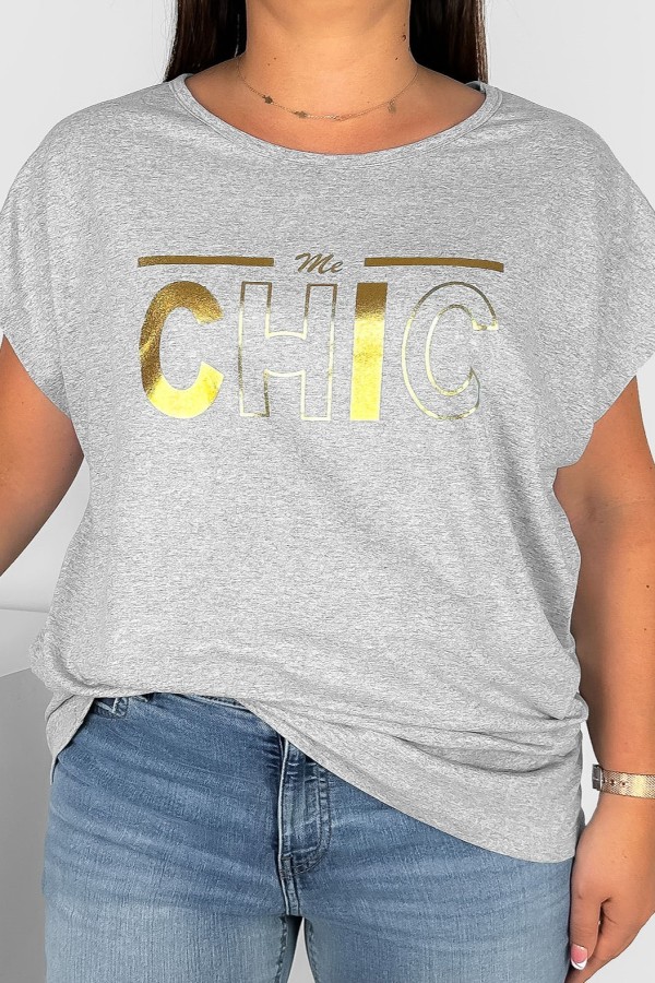 T-shirt damski plus size w kolorze szarego melanżu napis print Chic