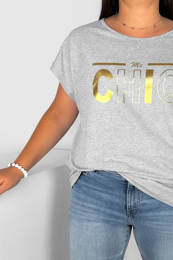 T-shirt damski plus size w kolorze szarego melanżu napis print Chic 1