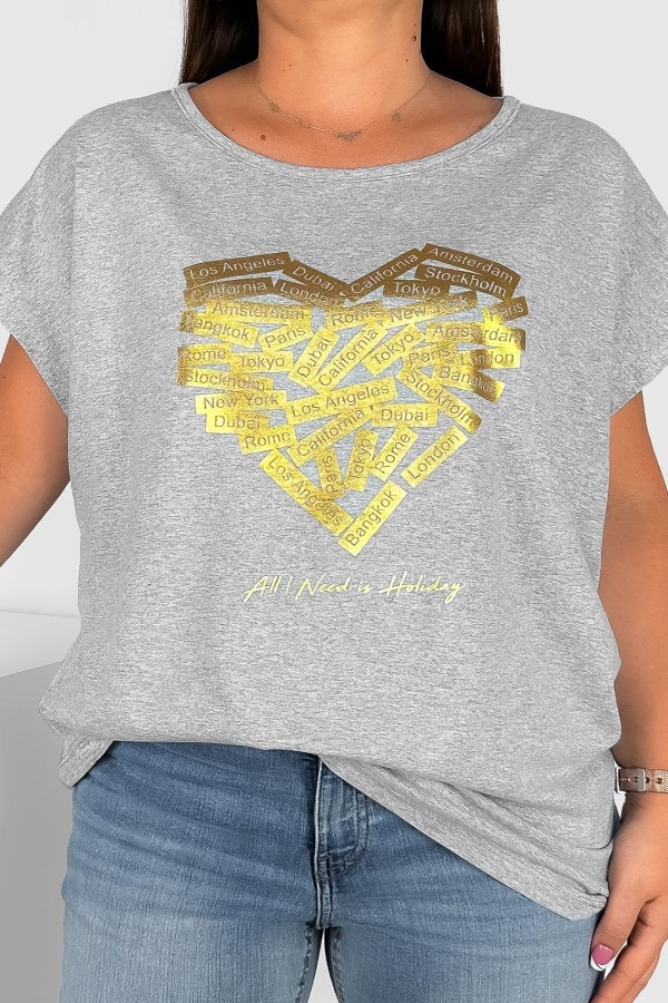 T-shirt damski plus size w kolorze szarego melanżu złoty print serce napisy city
