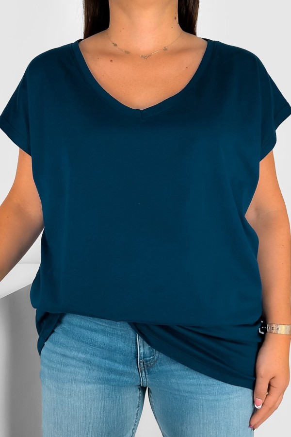 T-shirt damski plus size w kolorze granatowym nietoperz dekolt w serek V-neck Roxa