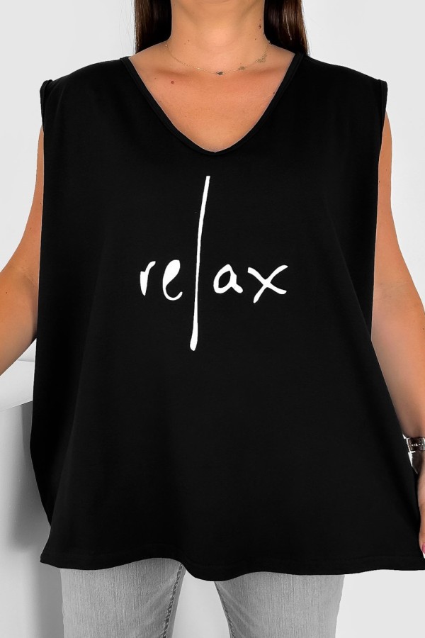 Bluzka damska top plus size w kolorze czarnym dekolt v neck print RELAX