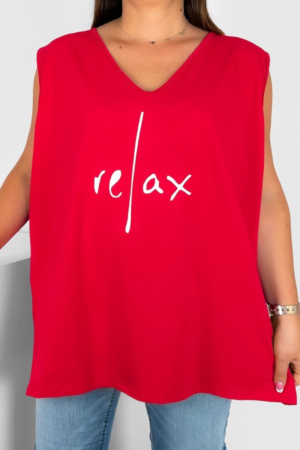Bluzka damska top plus size w kolorze czerwonym dekolt v neck print RELAX