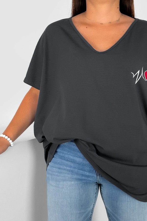 Bluzka damska T-shirt plus size w kolorze grafitowym print linia życia serduszko 1