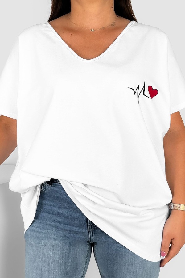Bluzka damska T-shirt plus size w kolorze białym print linia życia serduszko