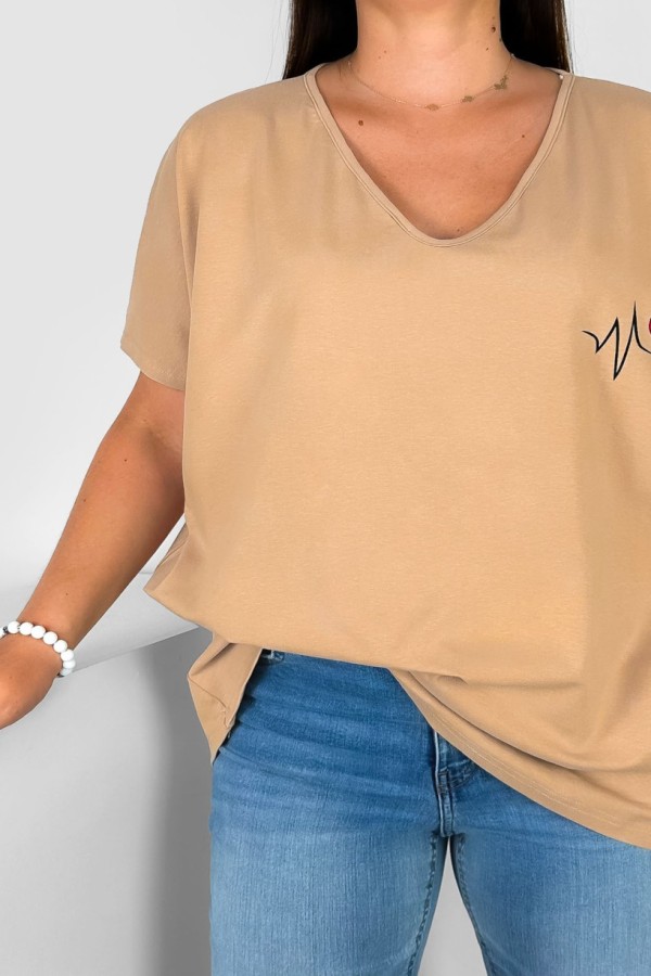 Bluzka damska T-shirt plus size w kolorze latte beż print linia życia serduszko 1