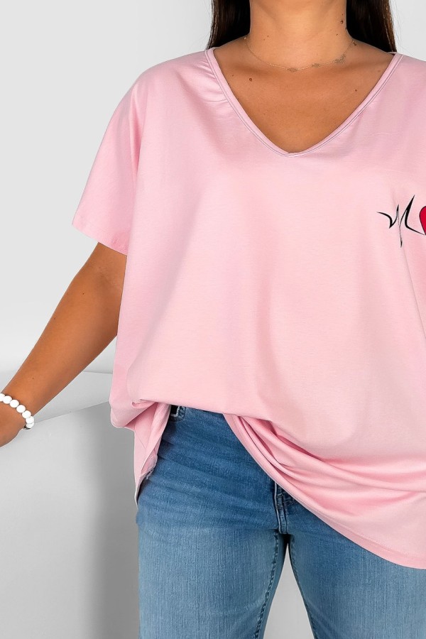 Bluzka damska T-shirt plus size w kolorze pudrowym print linia życia serduszko 1