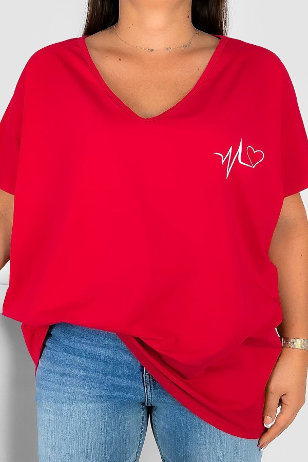 Bluzka damska T-shirt plus size w kolorze czerwonym print linia życia serduszko