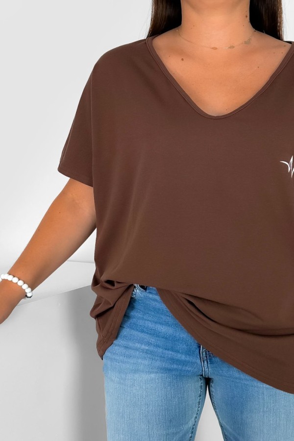 Bluzka damska T-shirt plus size w kolorze brązowym print linia życia serduszko 1