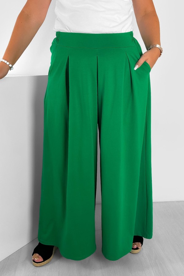 Szerokie spodnie damskie z bawełny w kolorze zielonym kieszenie Luca