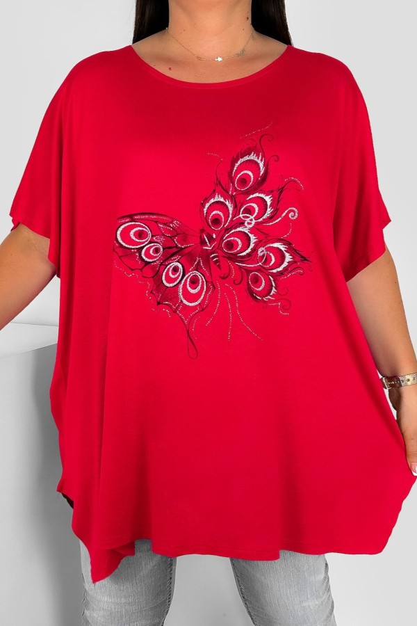 Tunika plus size luźna bluzka z wiskozy w kolorze czerwonym motyl z pawich piór