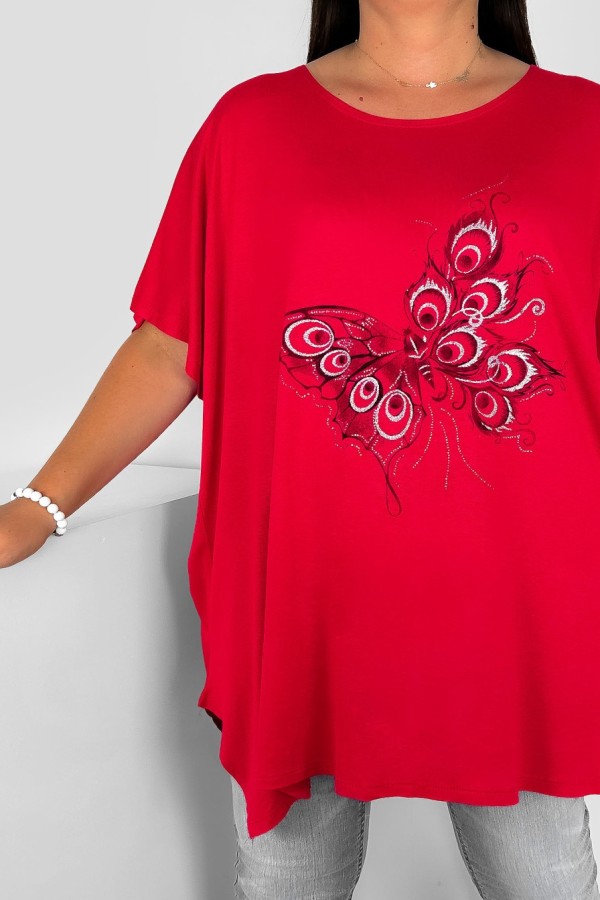 Tunika plus size luźna bluzka z wiskozy w kolorze czerwonym motyl z pawich piór 1