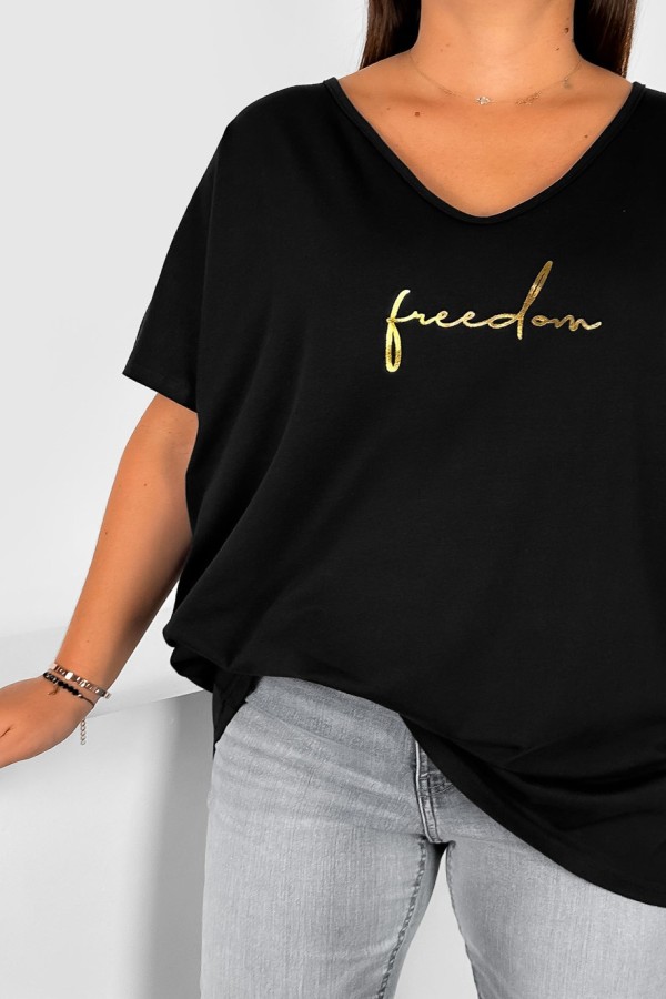 Bluzka damska T-shirt plus size w kolorze czarnym złoty napis Freedom 1