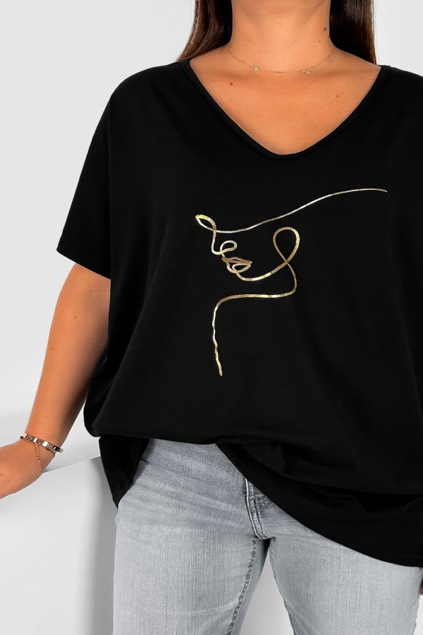 Bluzka damska T-shirt plus size w kolorze czarnym złoty nadruk line art face Eda 1