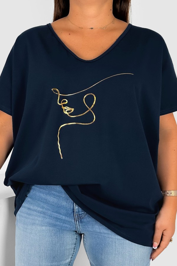 Bluzka damska T-shirt plus size w kolorze granatowym złoty nadruk line art face Eda 2