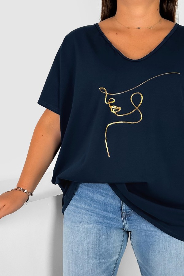 Bluzka damska T-shirt plus size w kolorze granatowym złoty nadruk line art face Eda 1