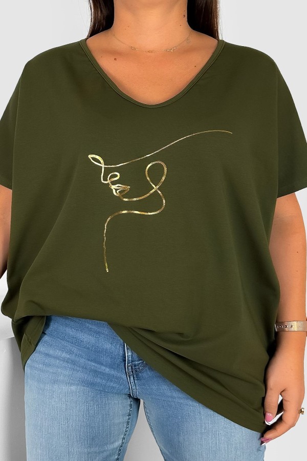 Bluzka damska T-shirt plus size w kolorze khaki złoty nadruk line art face Eda 2